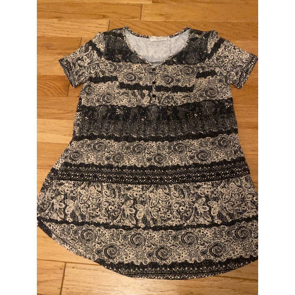 BaiShengGT, women's black printed, short sleeve 1/4 button, short dress size Med